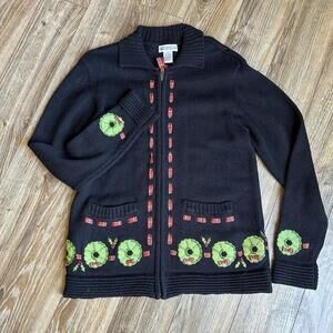 NWT VTG Investments Christmas Sweater Black Zip Up Embroidered Wreath Beaded 90s